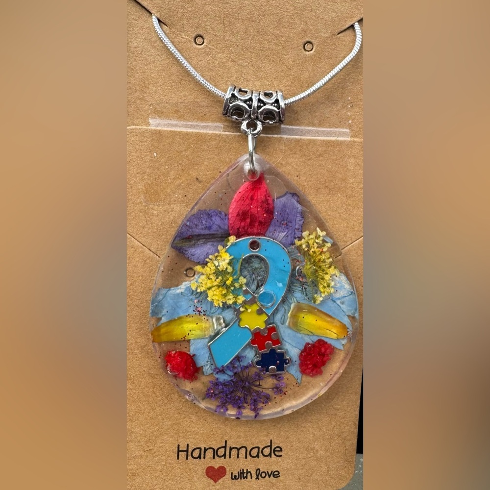 Autism Awareness Resin Teardrop Pendant With Dried Flowers & Autism Ribb…